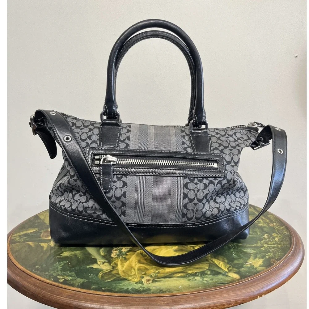 Coach Signature‎ Monogram Satchel Black Grey Leather Trim Shoulder Bag